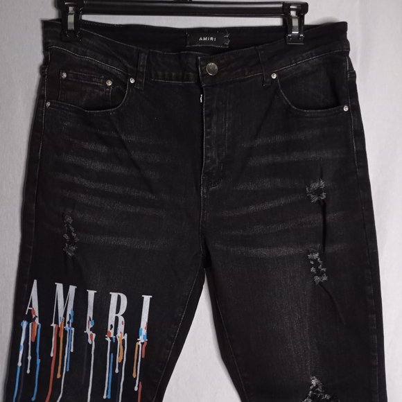 AMIRI Jeans Amiri Mens Distressed Dripping Amiri Logo Slim Black